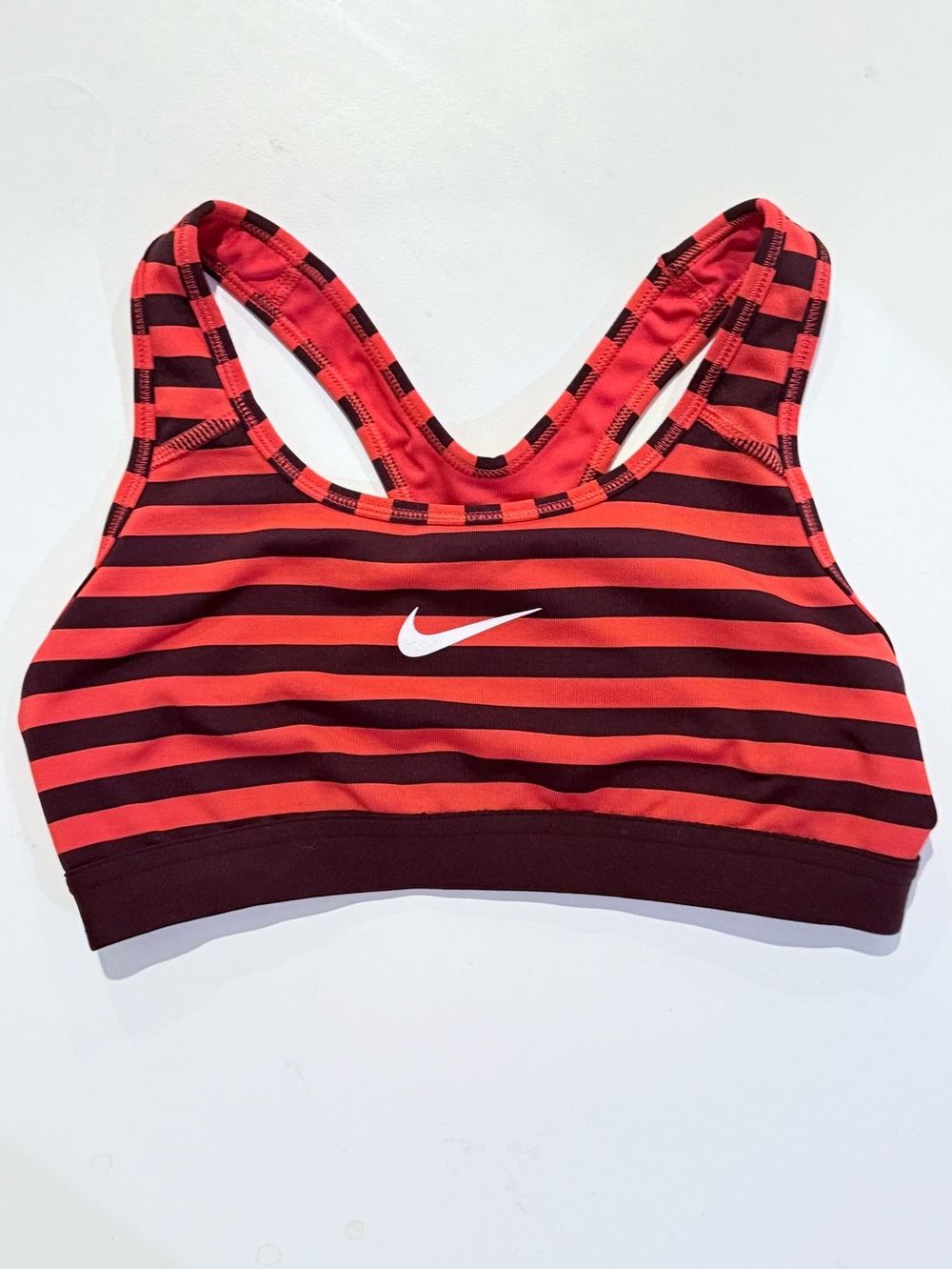 Nike Dri-FIT Striped Racerback Sports Bra in Red and Dark Burgundy Size Small
